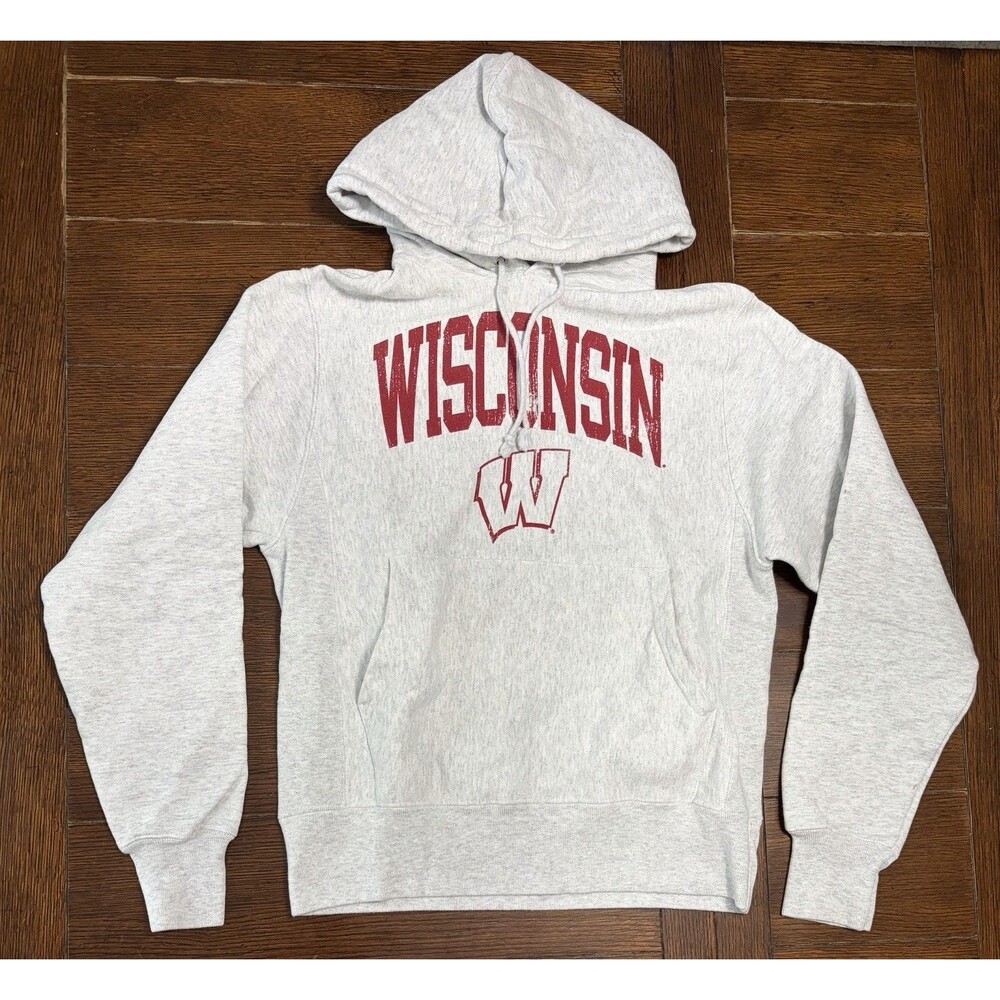 Men’s Wisconsin Badgers Size S Champion Reverse Weave Grey Hoodie Sweatshirt
